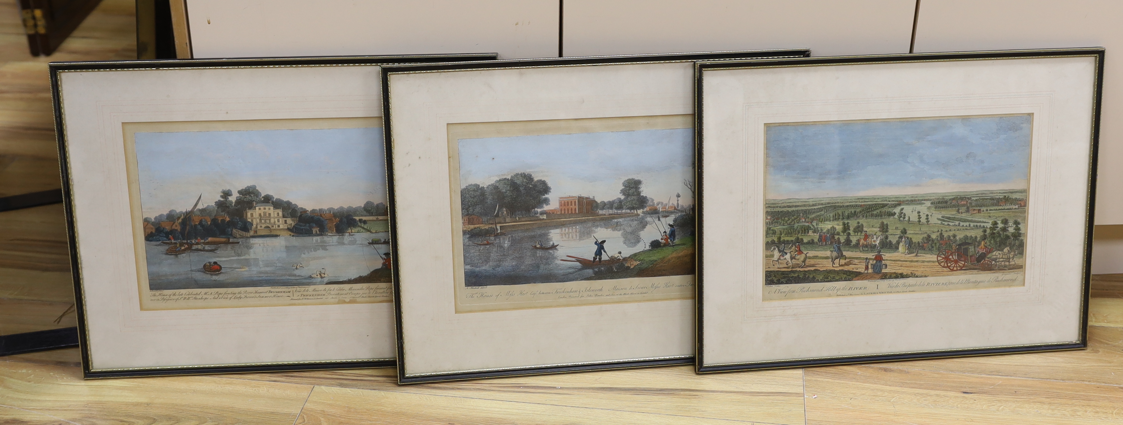 After Augustin Heckel (1690-1770), three colour etchings, comprising ‘Rover Thames at Twickenham’, printed for R. Wilkinson, ‘Twickenham & Isleworth’, printed for John Bowles and ‘View from Richmond Hill up the River’, p